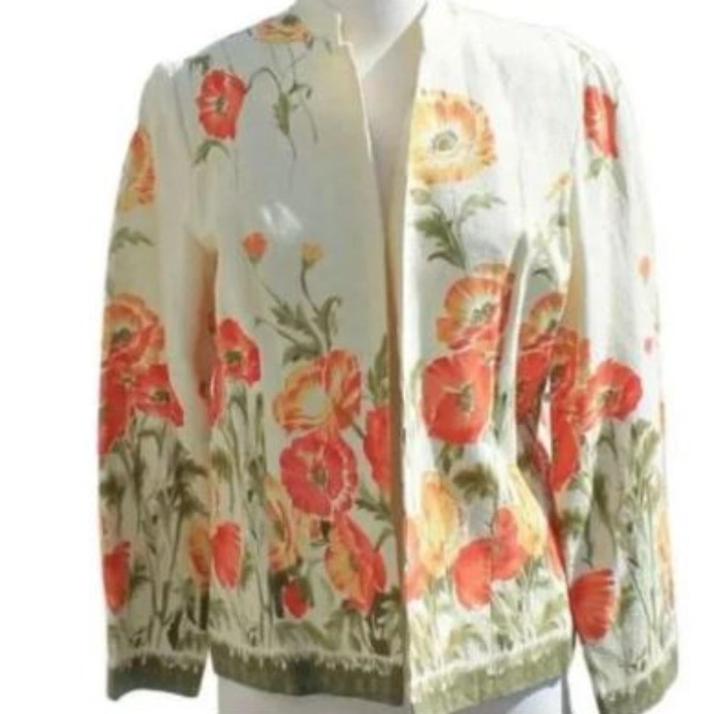 Coldwater Creek Linen Blended Women 8 poppy floral Jackets Coats